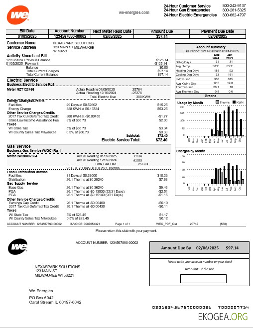 USA Wisconsin We Energies modèle de facture de services publics d'électricité aux formats Word et PDF